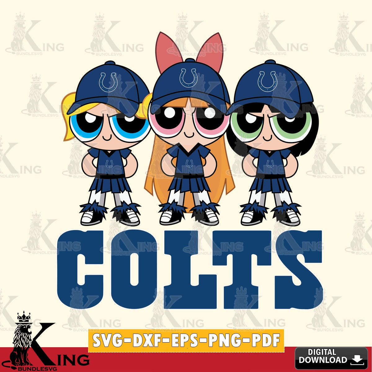 Artistic drawing of Indianapolis Colts PowerPuff Girls football, cut file ideal for vinyl projects and T-shirt printing