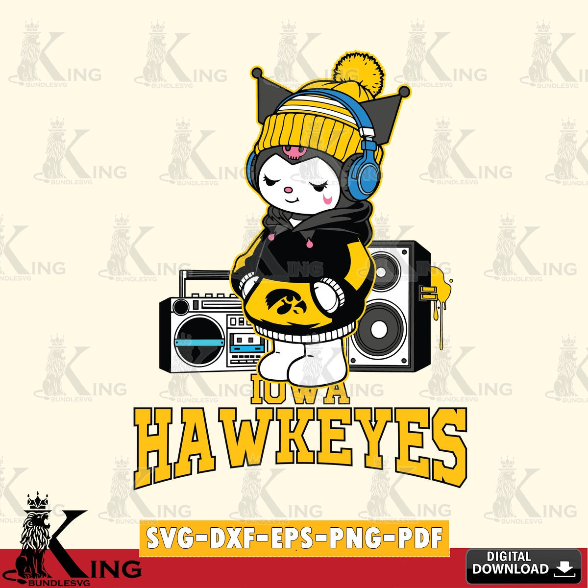 Iowa Hawkeyes Kuromi Football Music SVG file, Cricut, Cut file  , Digital Download , Instant Download, Sanrio svg, Clipart
