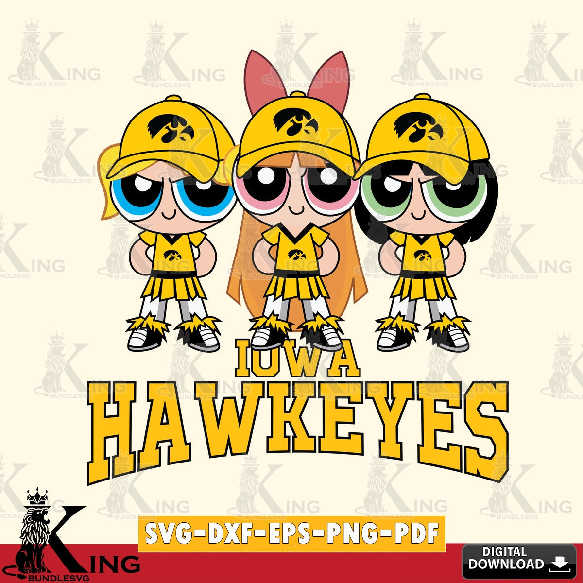 Digital clipart of Iowa Hawkeyes PowerPuff Girls football, a high-quality vector for DIY scrapbooking and home decor