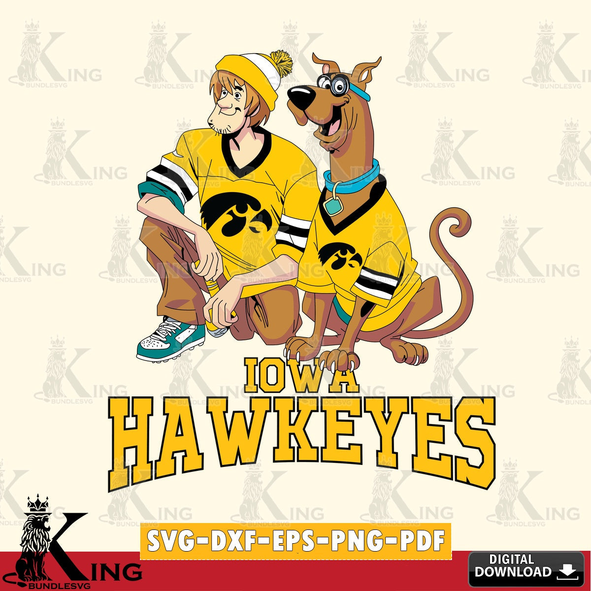 Custom design featuring Iowa Hawkeyes Shaggy and Scooby Doo football vector art for engraving, cutting, and printing.