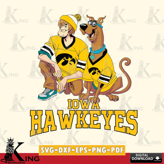 Custom design featuring Iowa Hawkeyes Shaggy and Scooby Doo football vector art for engraving, cutting, and printing.