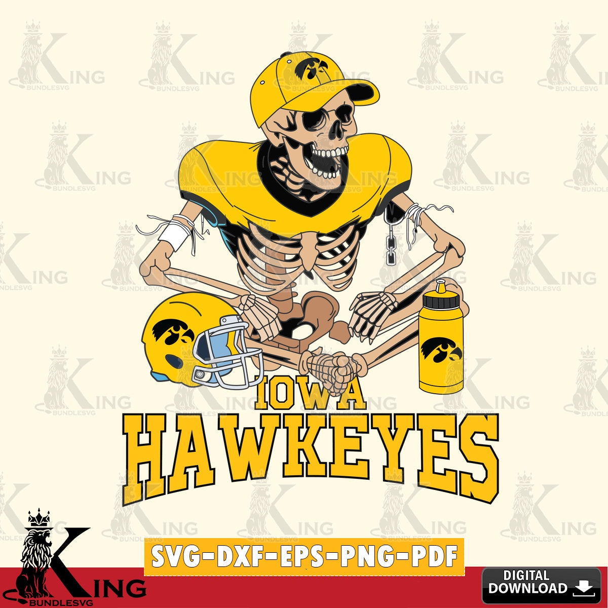 Eye-catching graphic of an Iowa Hawkeyes skeleton player with football, SVG PNG files perfect for Cricut and Silhouette cutting