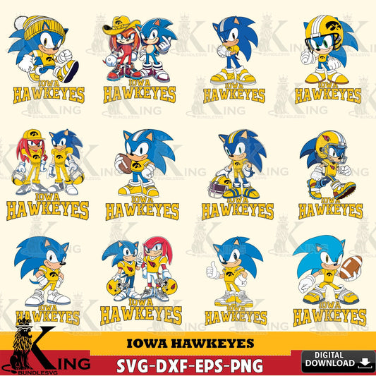 Premium pack containing Iowa Hawkeyes Sonic & Knuckles NCAA Football Bundle vector illustration for POD merchandise and apparel