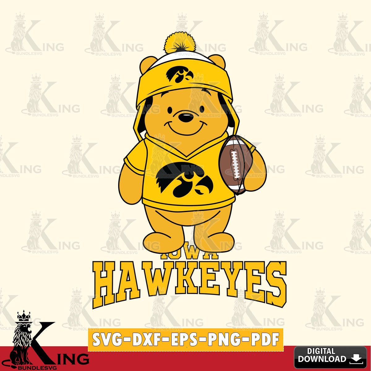 Custom design featuring Iowa Hawkeyes Winnie the Pooh player Football, a digital download for Cricut Maker and paper crafts