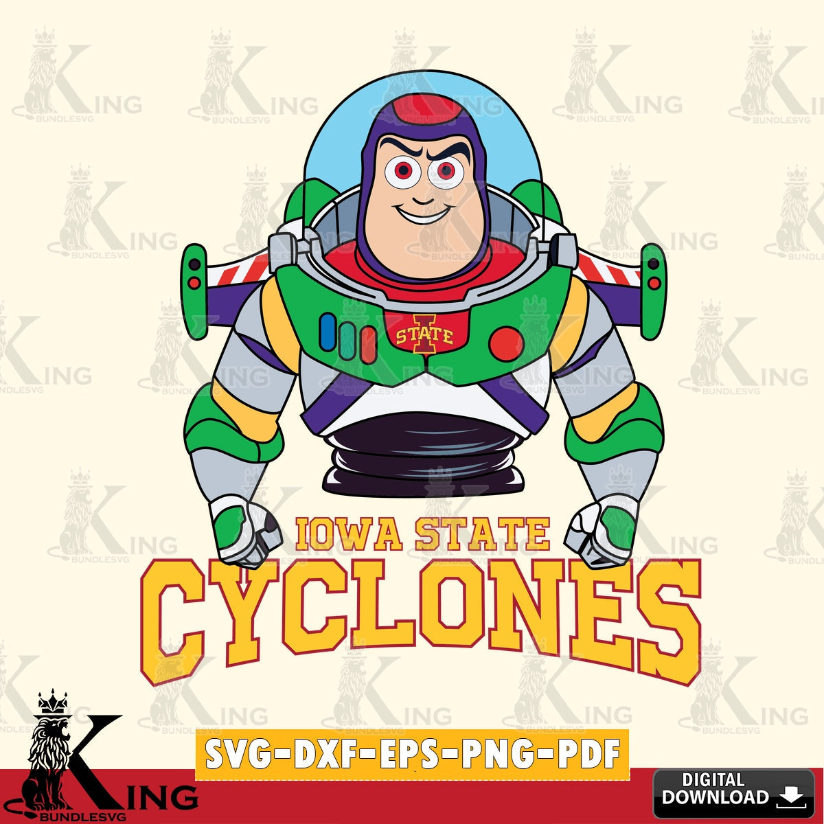 Modern graphic depicting Iowa State Cyclones Buzz Lightyear football, digital clipart compatible with laser engraving and cutting.