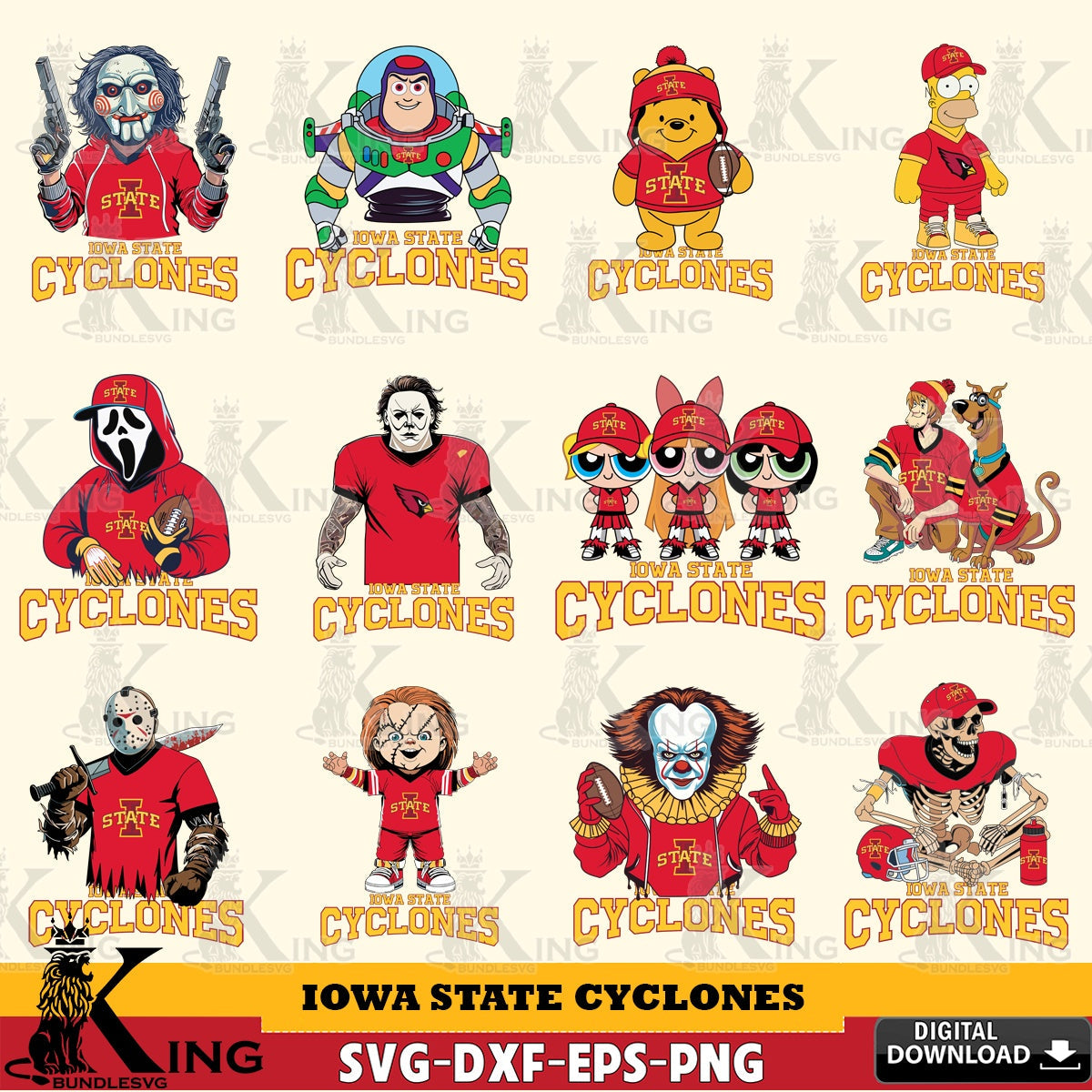 Exclusive set of Iowa State Cyclones cartoon football NCAA bundle vector illustration for POD merchandise and apparel