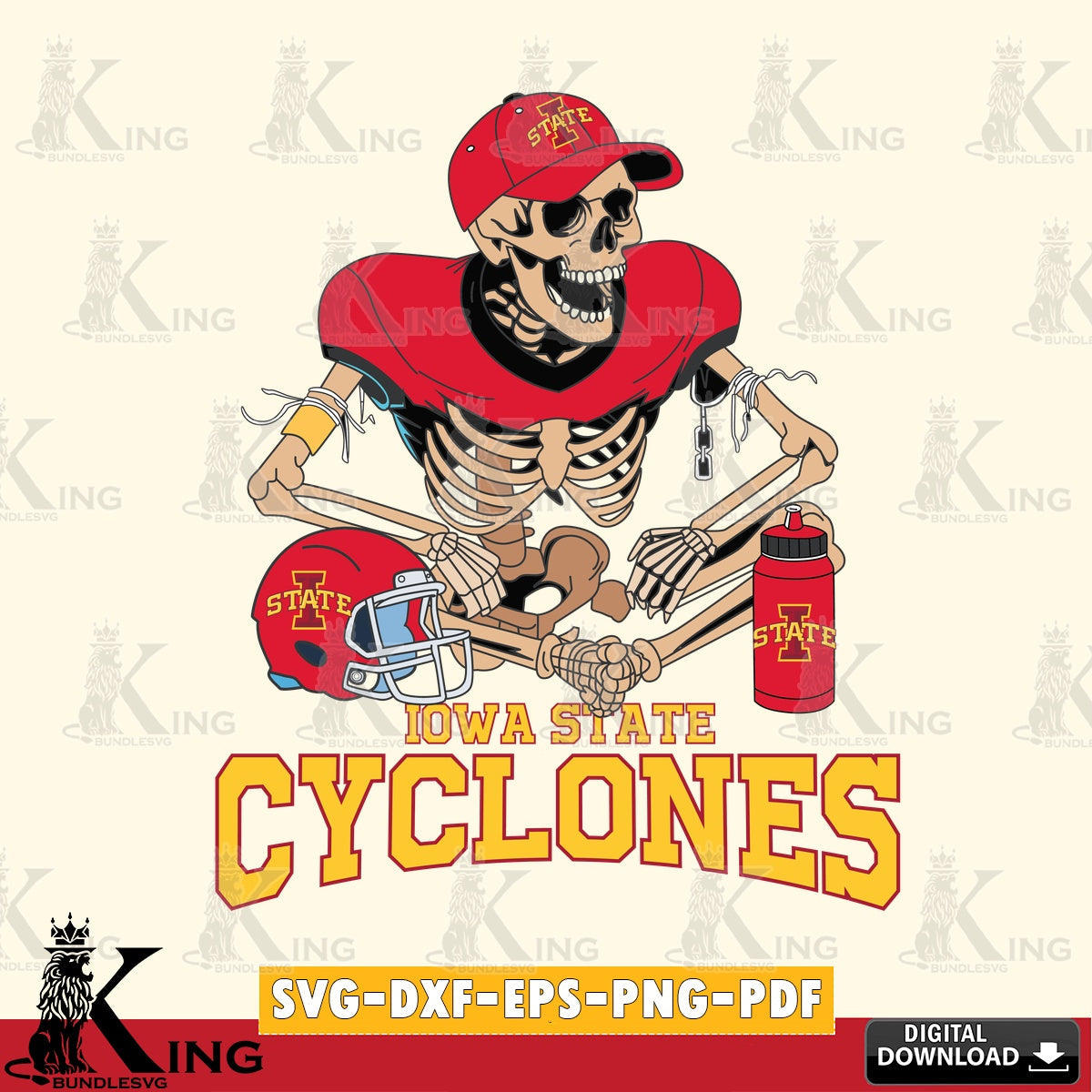 Hand-drawn style art of an Iowa State Cyclones skeleton football player, a high-quality vector for DIY scrapbooking and home decor