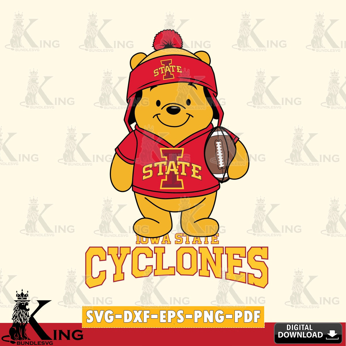 Hand-drawn style art of Iowa State Cyclones Winnie the Pooh player Football, a digital file for silhouette cameo and cricut