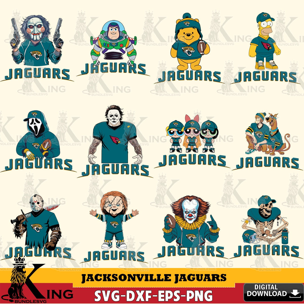 Ultimate set containing Jacksonville Jaguars Cartoon Football NFL Bundle, a digital file for silhouette cameo and cricut projects