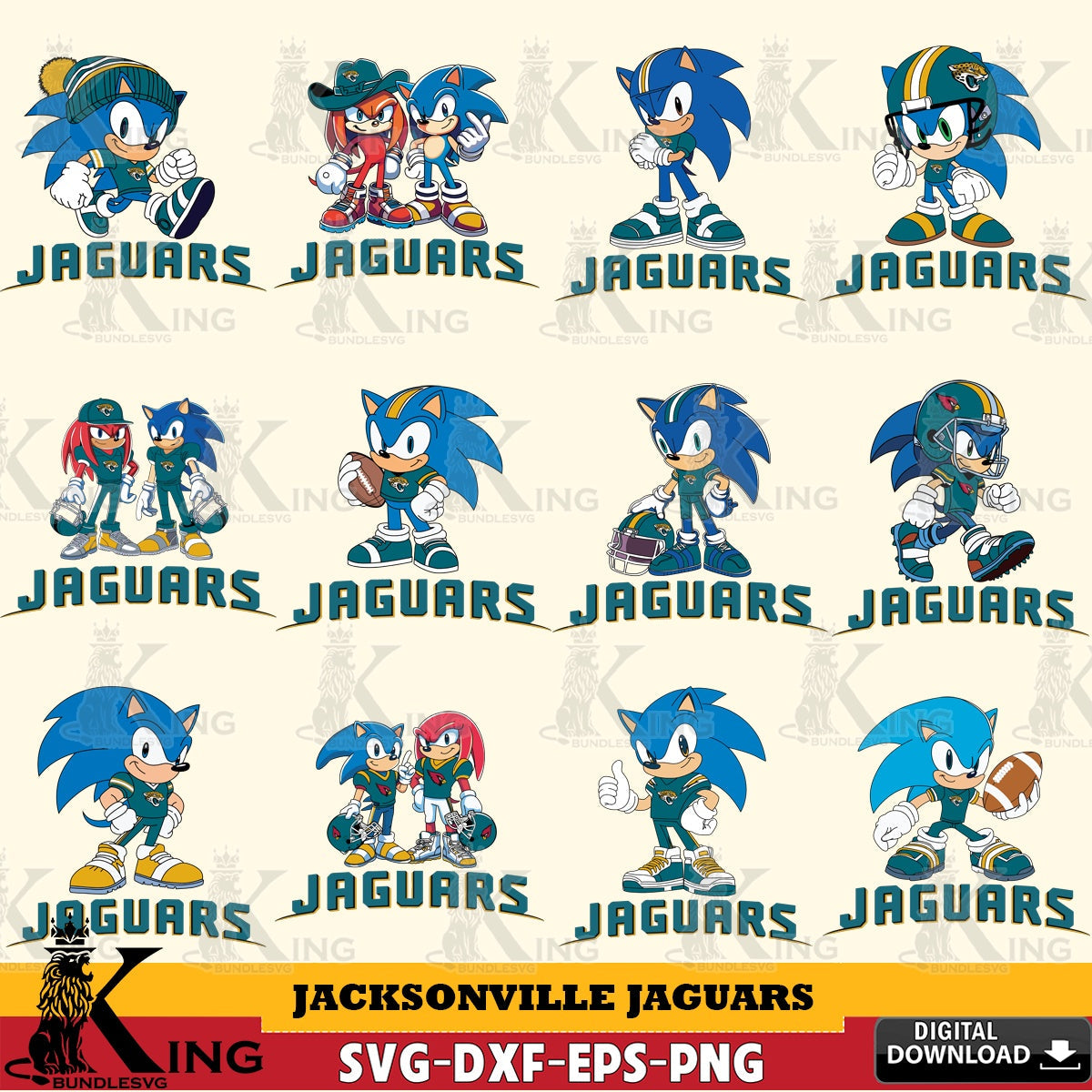 Massive pack of Jacksonville Jaguars Sonic & Knuckles NFL Football Bundle high-quality vector for DIY scrapbooking and home decor