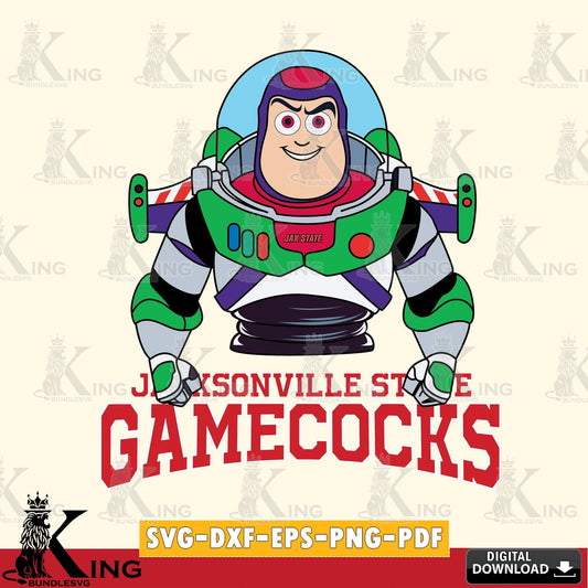 Hand-drawn style art of Jacksonville State Gamecocks Buzz Lightyear football, crafting file for iron-on transfer and vinyl decals.