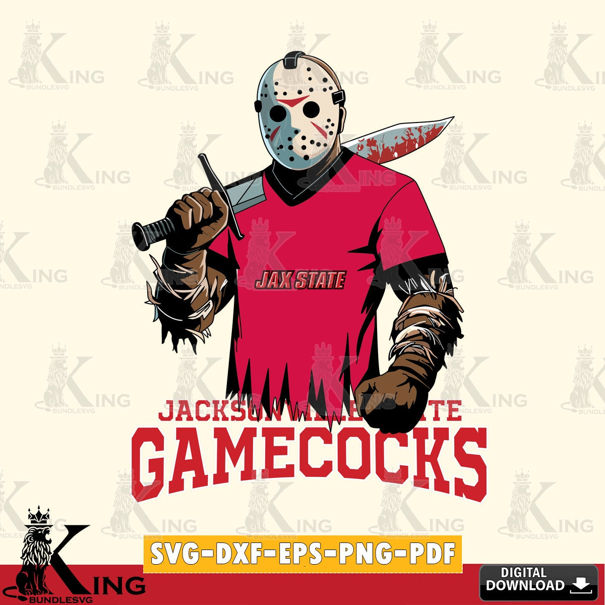 Digital clipart of Jacksonville State Gamecocks Jason Voorhees football, NCAA file cut, digital download for Cricut Maker and