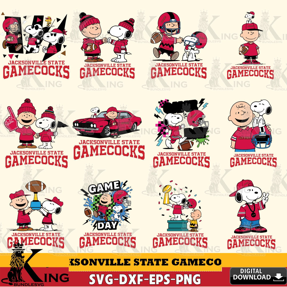 Jacksonville State Gamecocks Peanuts Football NCAA Bundle SVG, Cricut, Cut file  , Digital Download , Instant Download, Peanuts svg, NCAA svg, Football svg, Sport svg