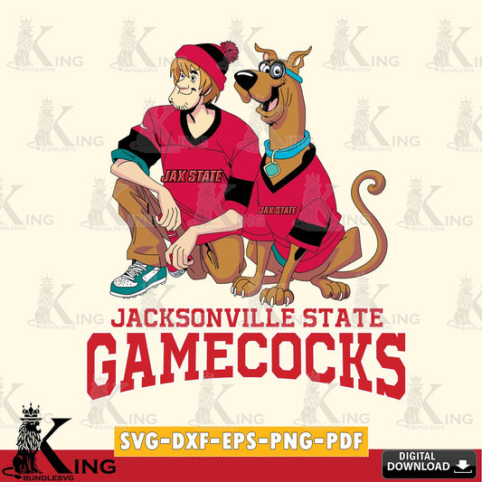 Eye-catching graphic of Jacksonville State Gamecocks with Shaggy and Scooby Doo playing football, a cut file ideal for vinyl