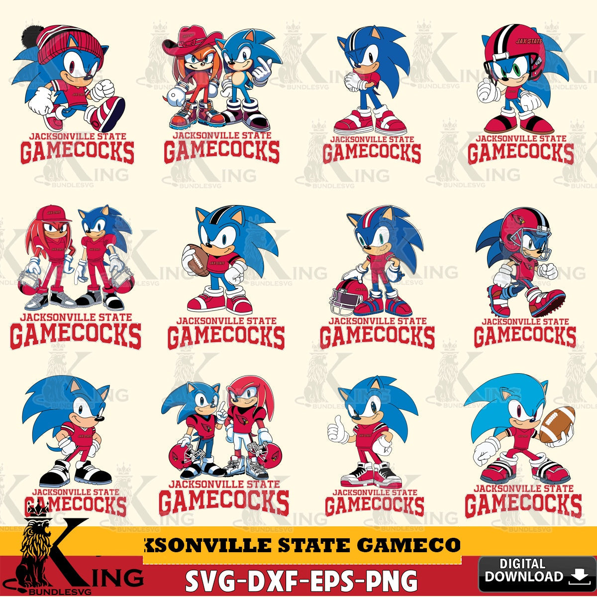 Premium pack containing Jacksonville State Gamecocks Sonic & Knuckles NCAA Football bundle vector art for engraving, cutting, and