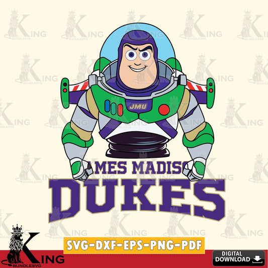 Detailed illustration of James Madison Dukes Buzz Lightyear football, NCAA, printable vector design for sublimation and crafts