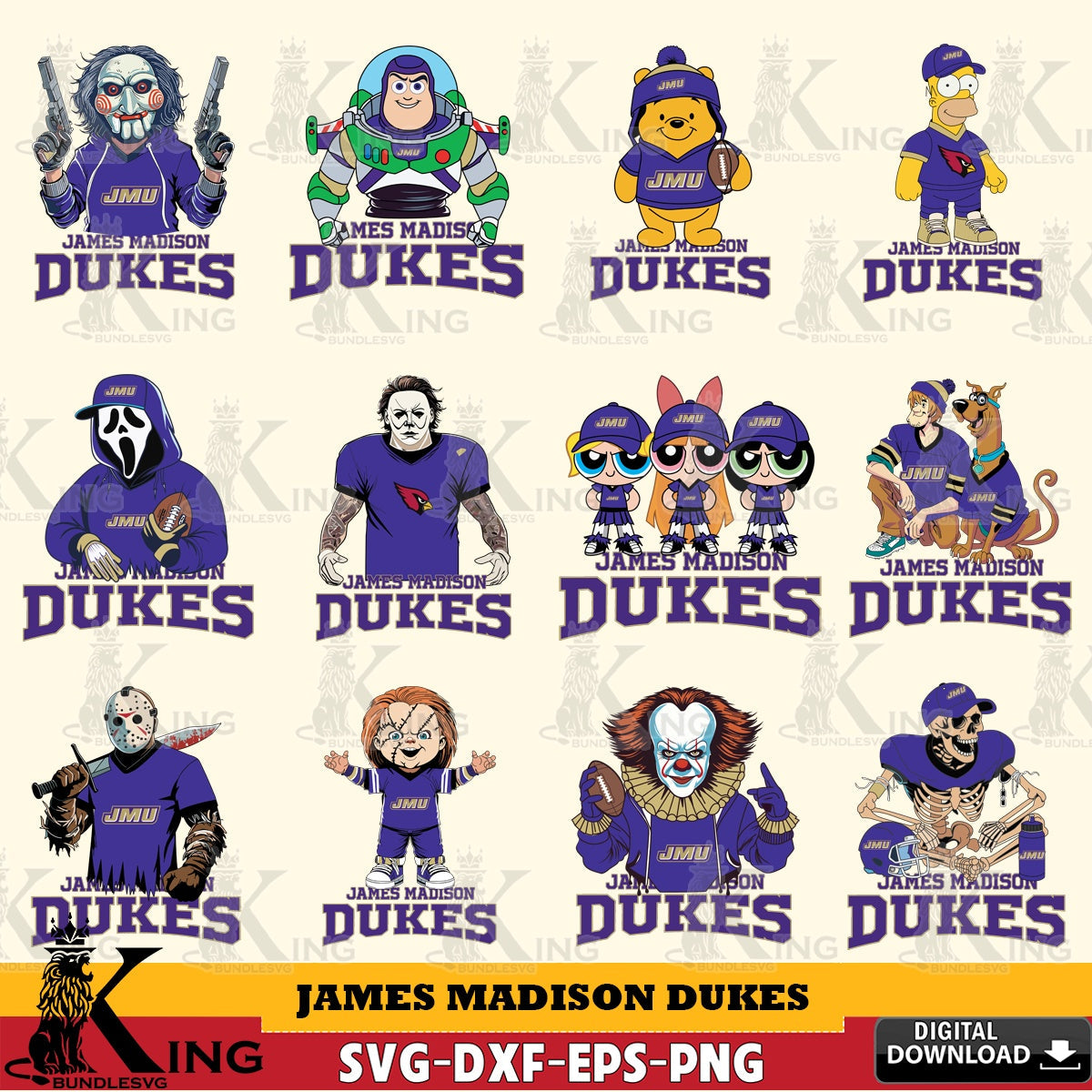 All-in-one bundle of James Madison Dukes Cartoon Football NCAA artwork in SVG PNG files perfect for Cricut and Silhouette cutting