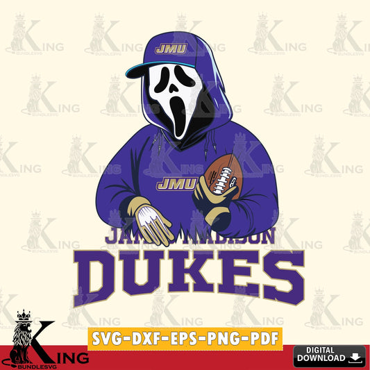 Beautiful illustration of James Madison Dukes Ghostface Scream football player, SVG cut file for personalized gifts and laser