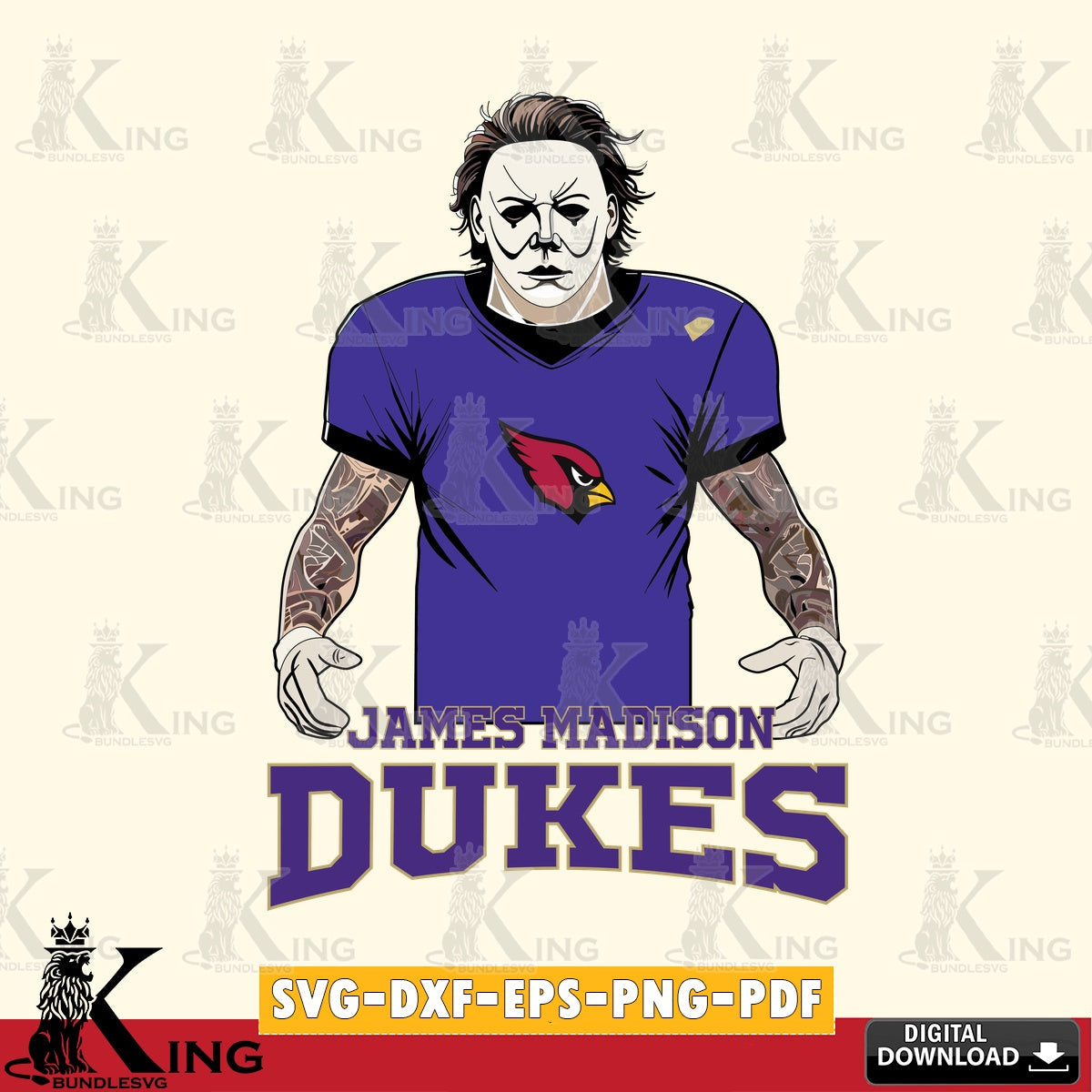 Modern graphic depicting James Madison Dukes Michael Myers tattoo football, digital file for silhouette cameo and cricut projects