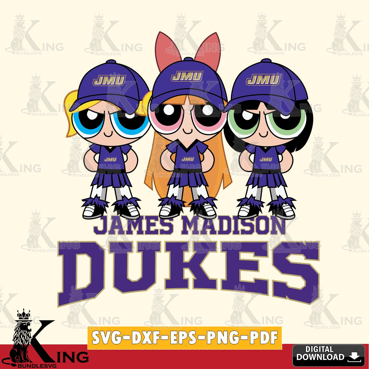 Vector design showing James Madison Dukes PowerPuff Girls Football, NCAA cut, SVG PNG design suitable for Glowforge and laser