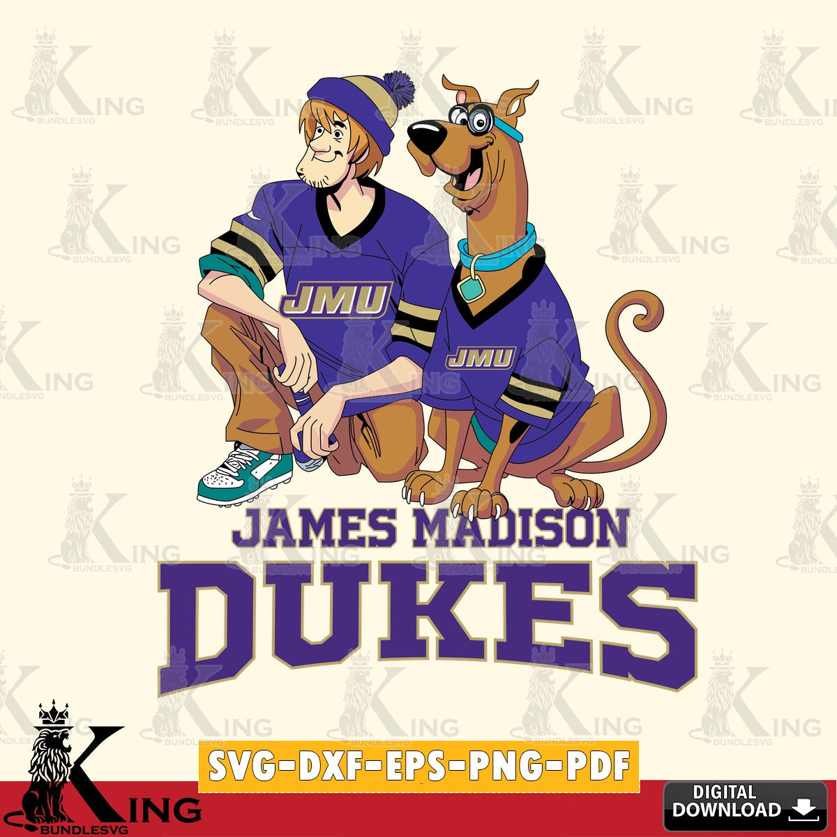 Unique artwork depicting James Madison Dukes Shaggy and Scooby Doo football, crafting file for iron-on transfer and vinyl decals.