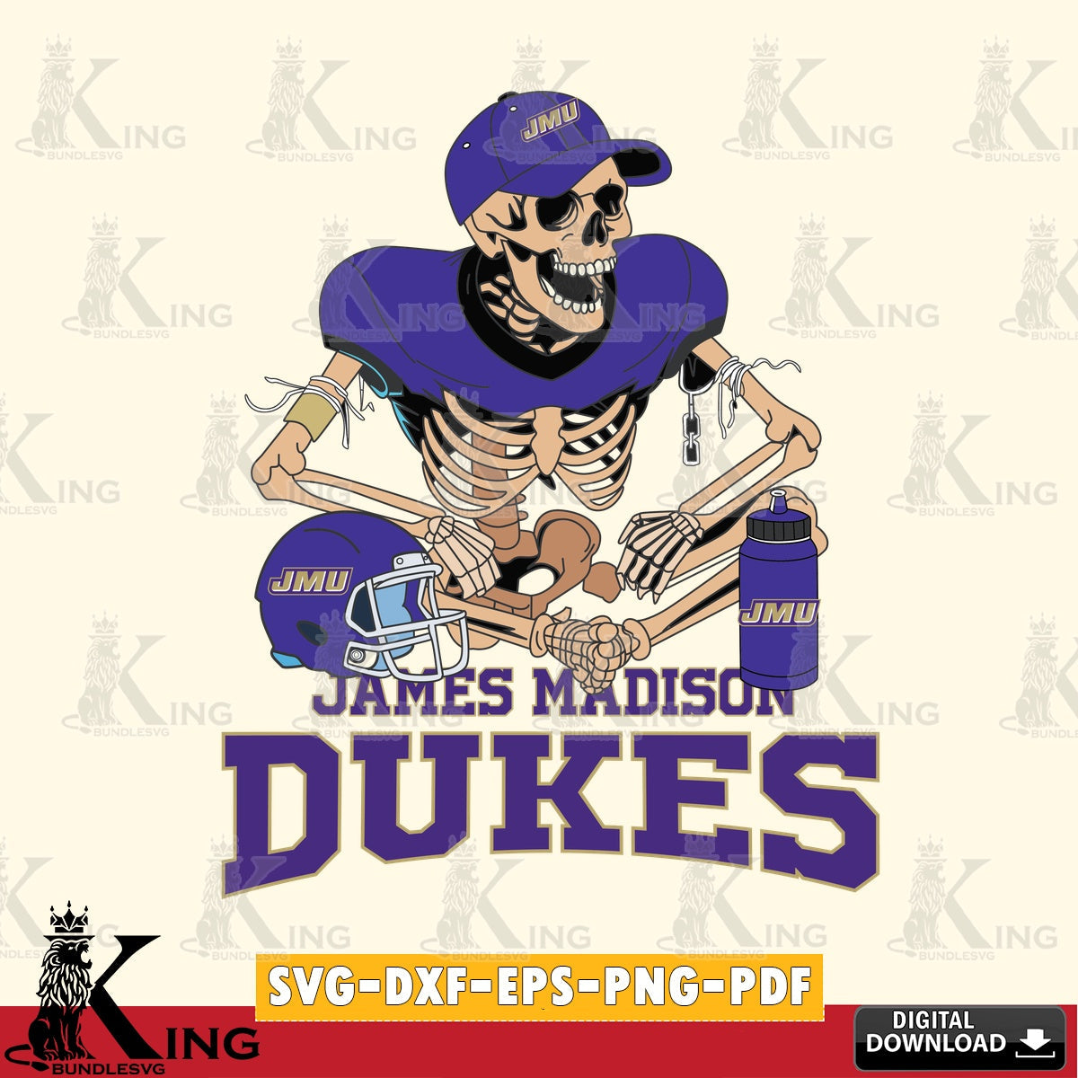 Unique artwork depicting James Madison Dukes skeleton player football, PNG clipart for sublimation printing and graphic design