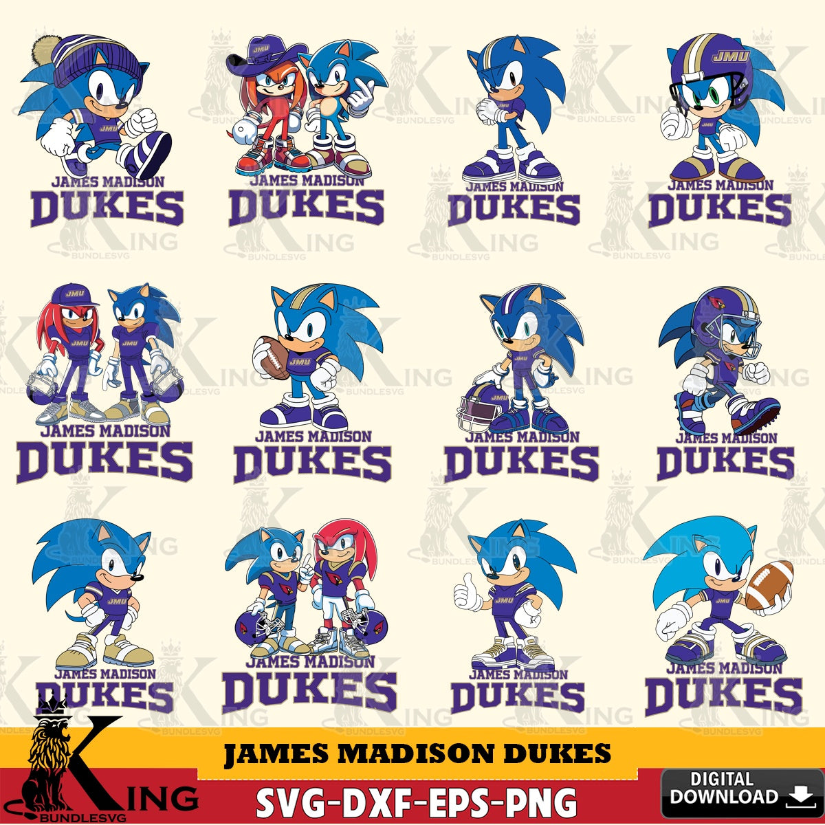 Jumbo collection of James Madison Dukes Sonic & Knuckles NCAA Football bundle vector, digital, PNG clipart for sublimation