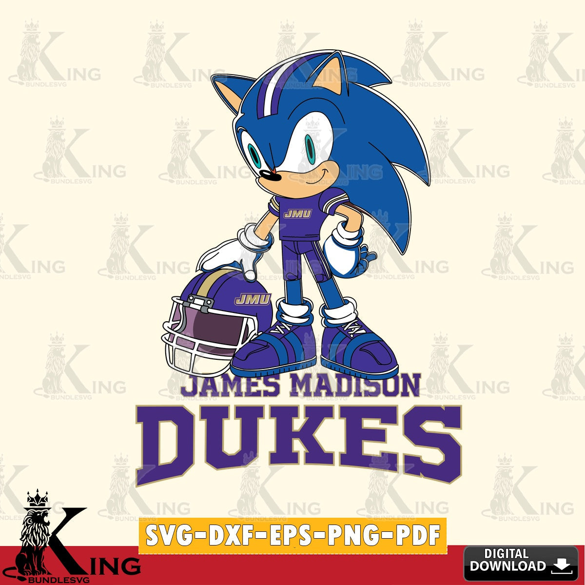 Unique artwork depicting James Madison Dukes Sonic Player Football SVG cut file for personalized gifts and laser projects