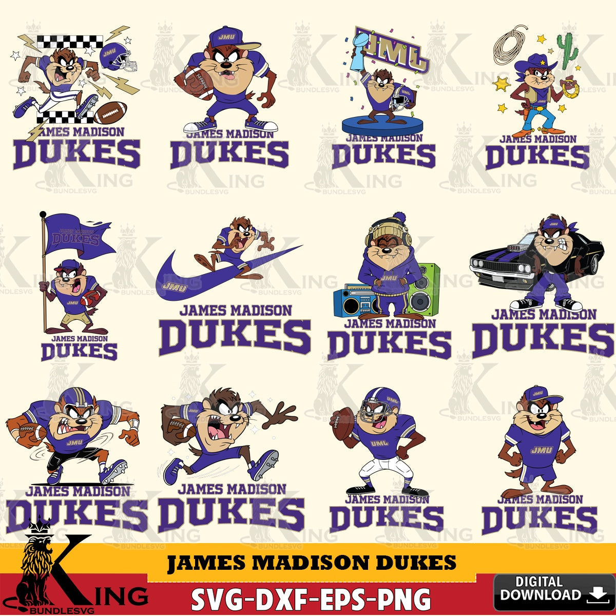 James Madison Dukes Taz Football NCAA Bundle SVG file, Cut file  , Digital Download , Instant Download, Taz svg, NCAA svg