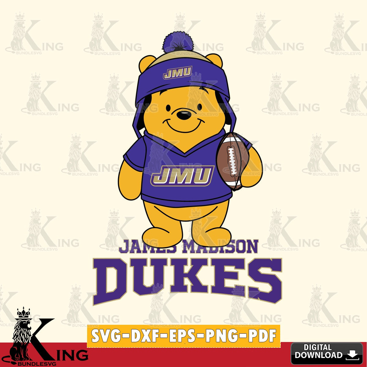 Hand-drawn style art of James Madison Dukes Winnie the Pooh player Football, NCAA cut file ideal for vinyl projects and T-shirt