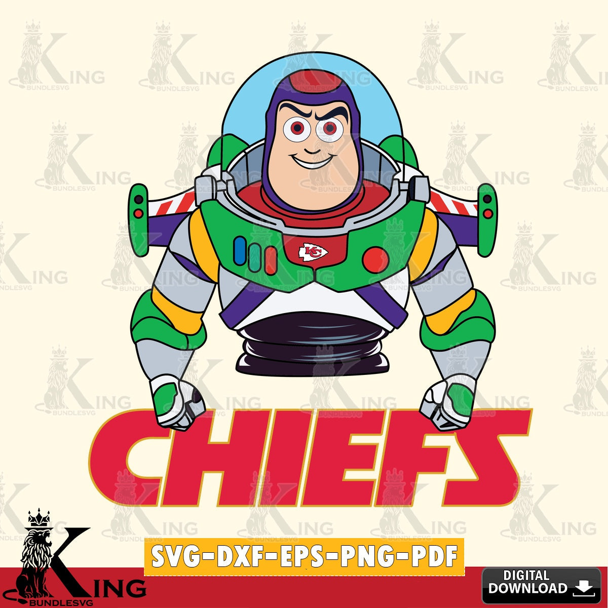 Printable art of Kansas City Chiefs Buzz Lightyear Football, a cut file ideal for vinyl projects and T-shirt printing.