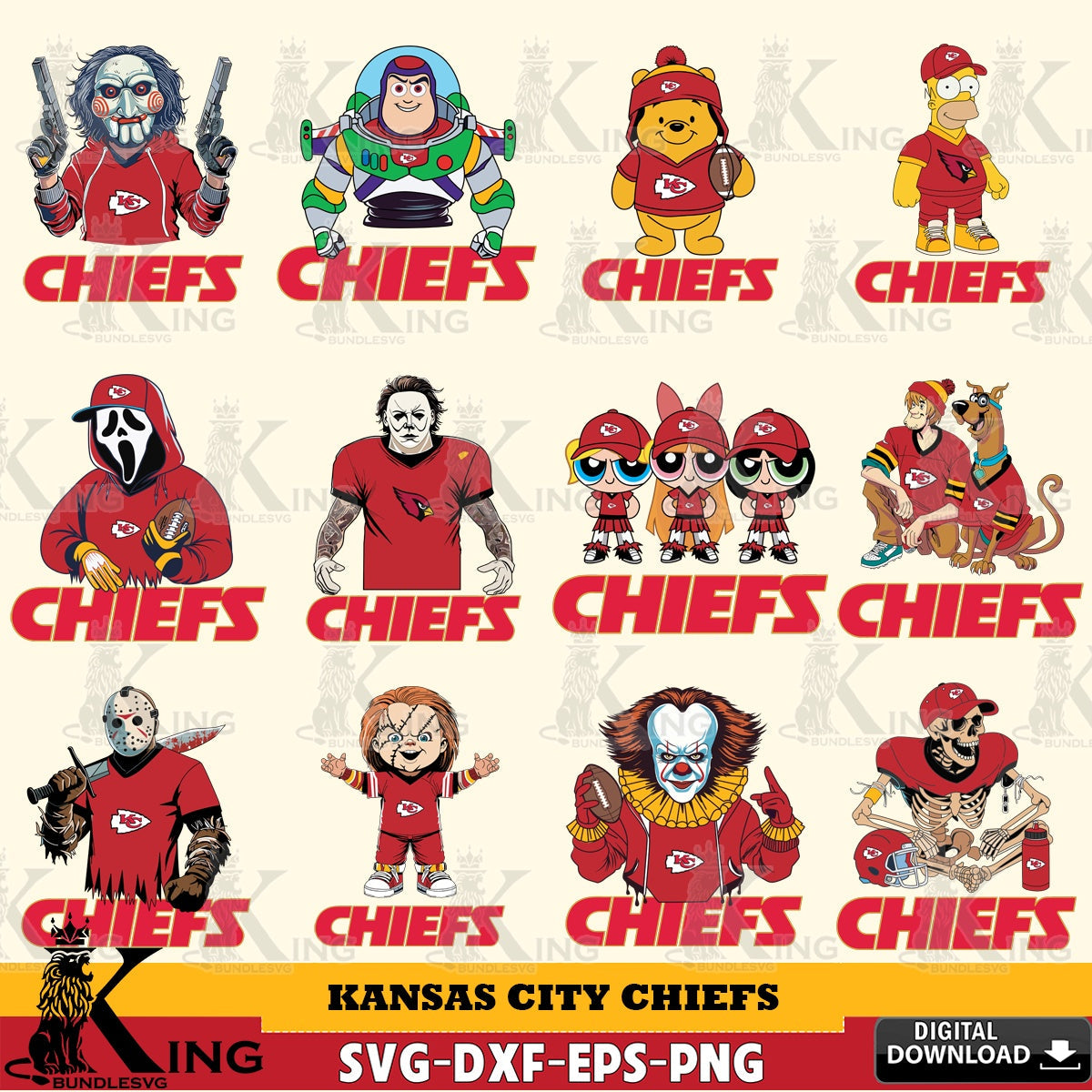 Ultimate set containing Kansas City Chiefs cartoon football NFL bundle vector illustration for POD merchandise and apparel