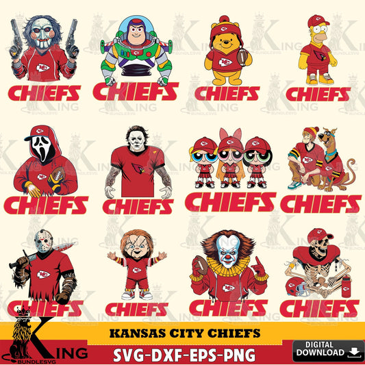 Ultimate set containing Kansas City Chiefs cartoon football NFL bundle vector illustration for POD merchandise and apparel