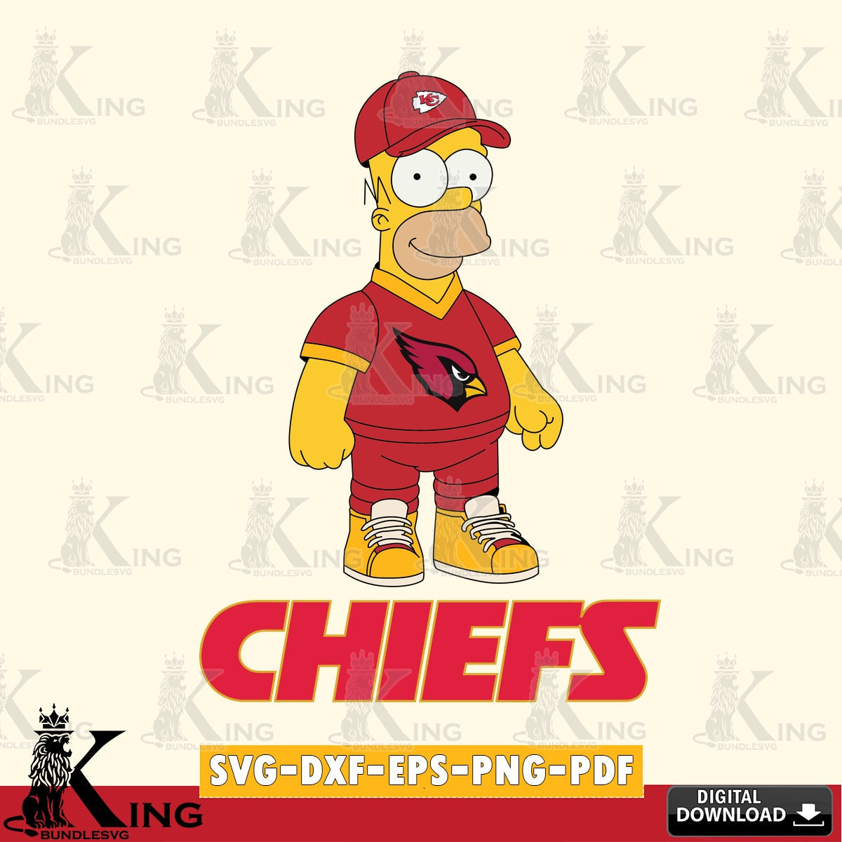 Modern graphic depicting a Kansas City Chiefs Homer Simpson football design, digital file for silhouette cameo and cricut