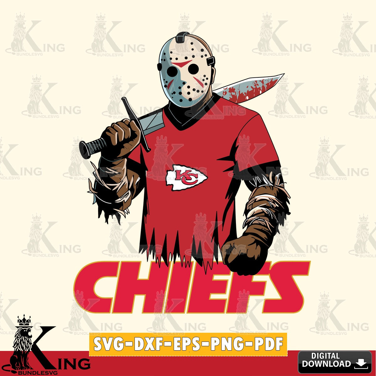 Hand-drawn style art of Kansas City Chiefs Jason Voorhees Football, NFL file cut, SVG PNG files perfect for Cricut and Silhouette