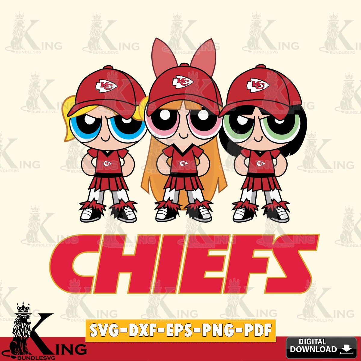 Digital download featuring Kansas City Chiefs PowerPuff Girls football, a crafting file for iron-on transfer and vinyl decals.