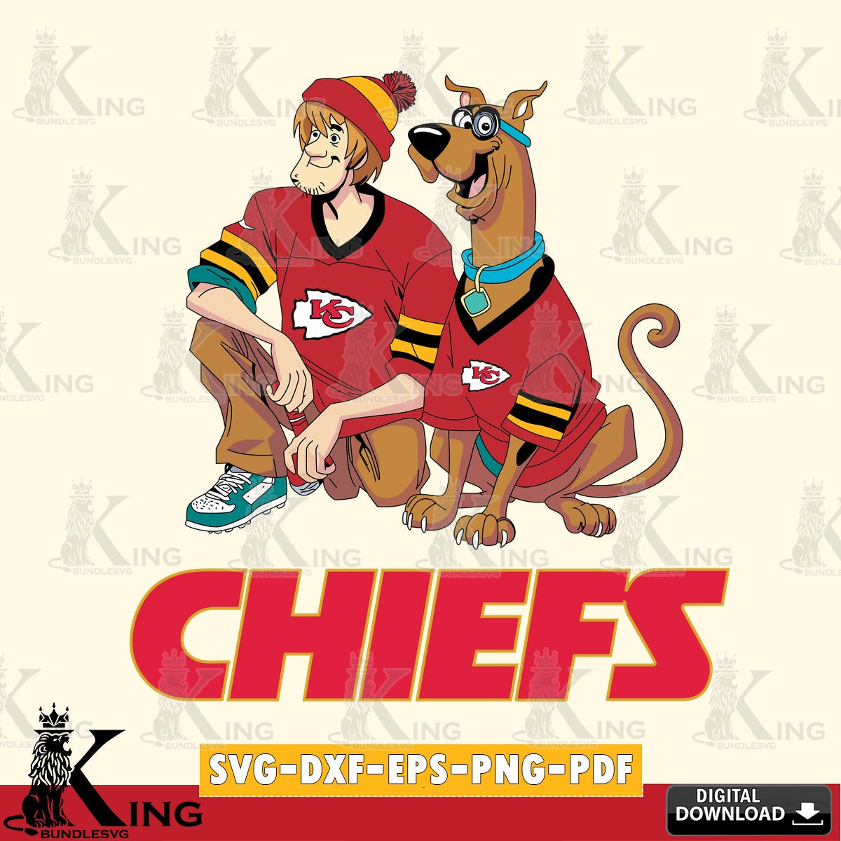 Modern graphic depicting Kansas City Chiefs Shaggy and Scooby Doo football, cut file ideal for vinyl projects and T-shirt