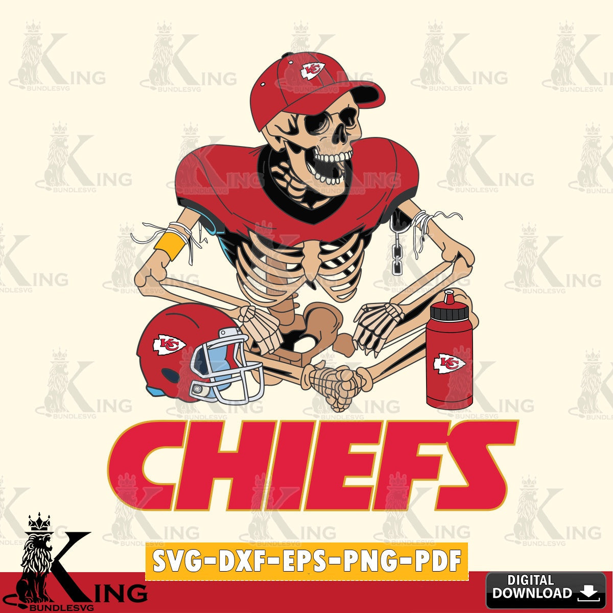 Stylish representation of a Kansas City Chiefs skeleton football player, digital clipart compatible with laser engraving and