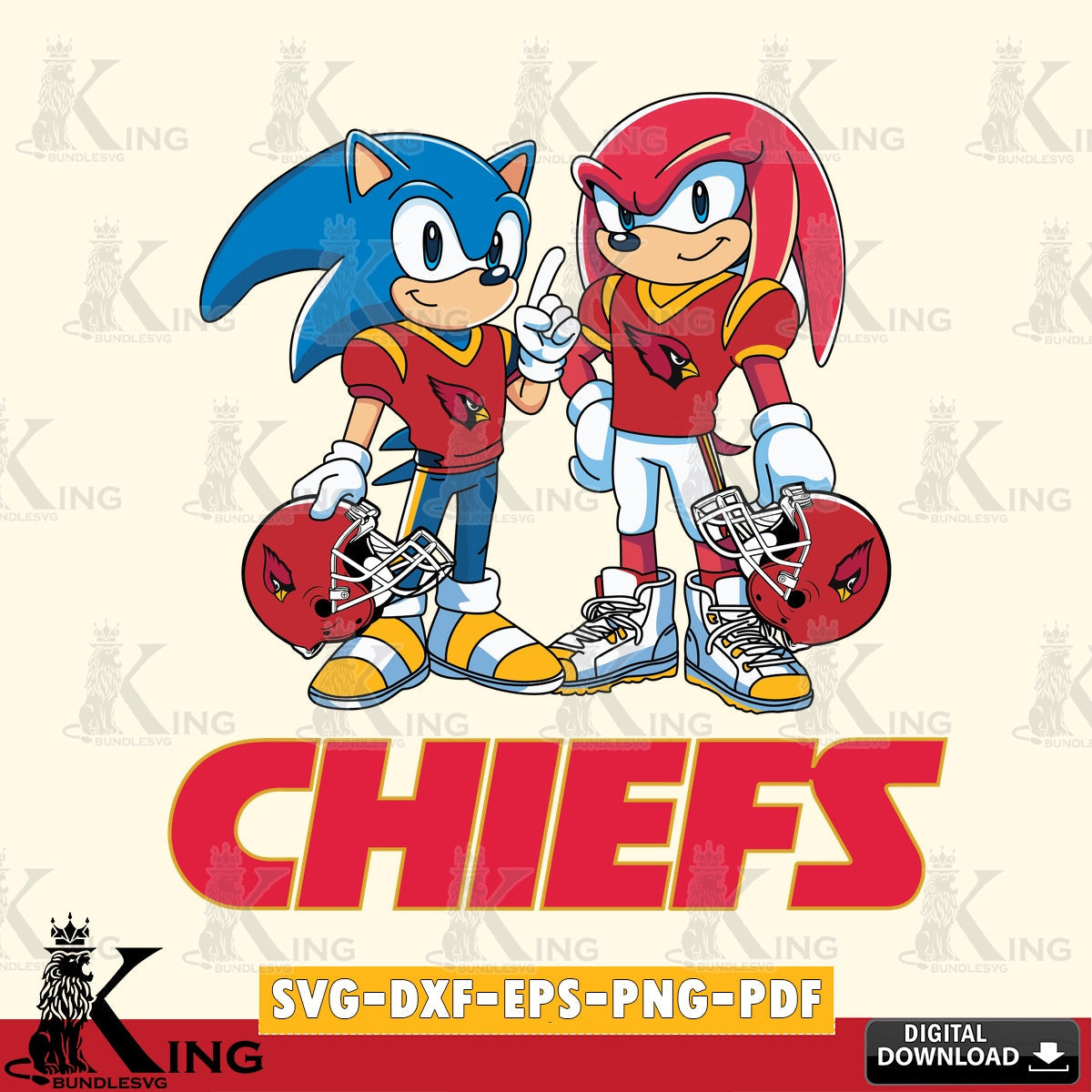 Artistic drawing of Kansas City Chiefs Sonic and Knuckles football, digital download for Cricut Maker and paper crafts.