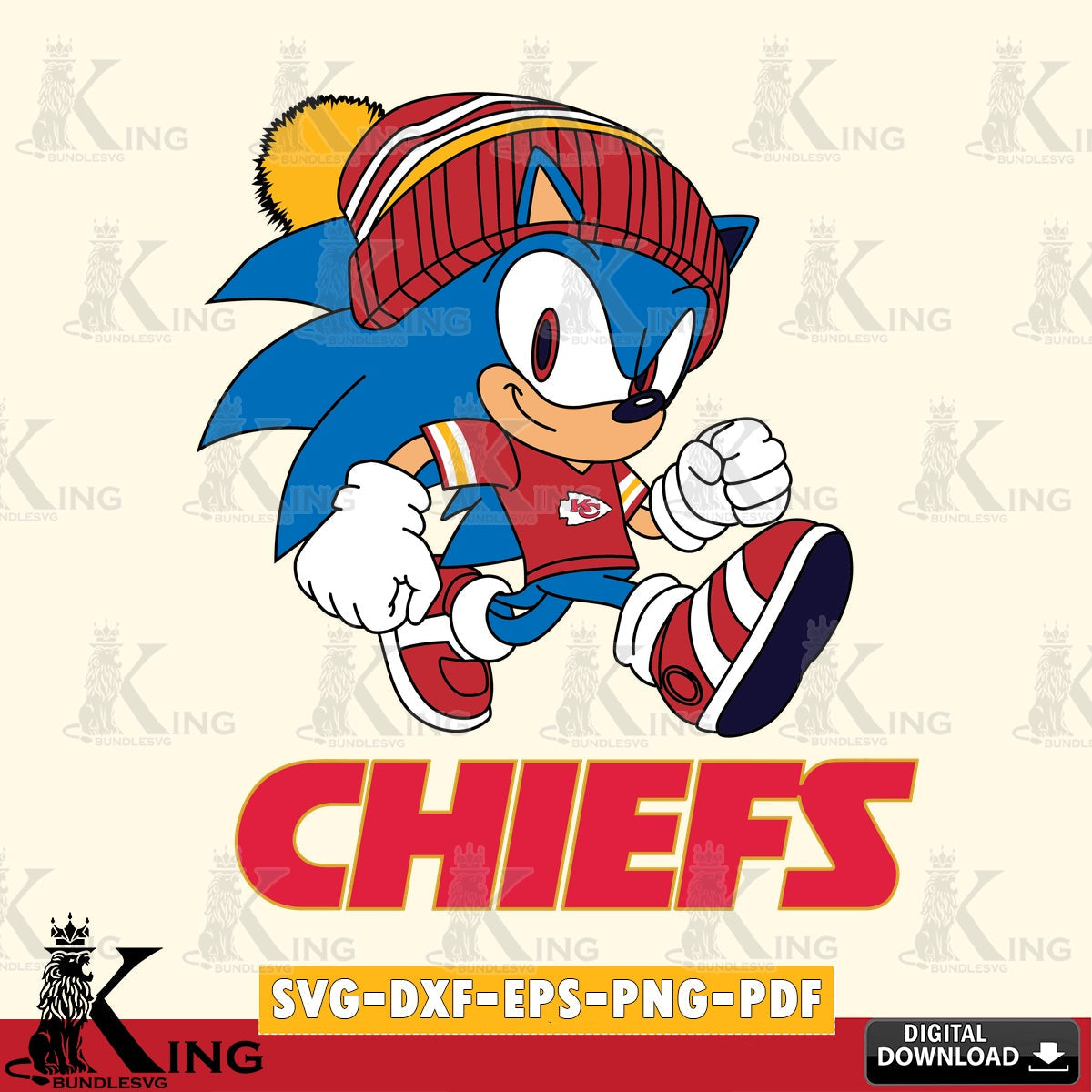 Vector design showing Kansas City Chiefs Sonic Football, a digital file for silhouette cameo and cricut projects.