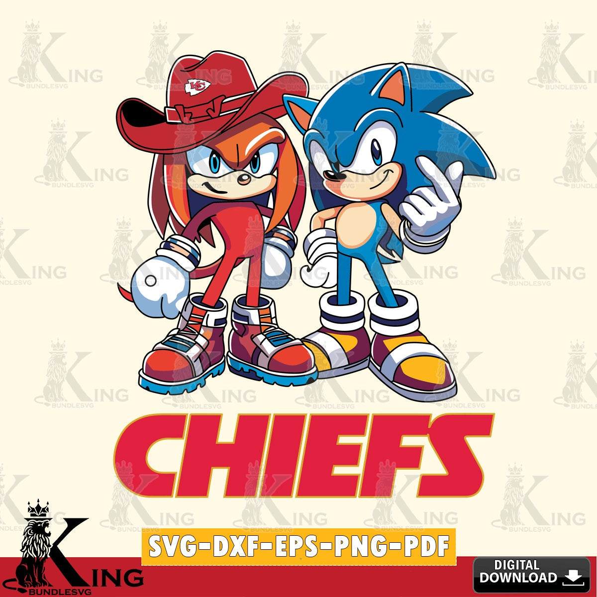 Printable art of Kansas City Chiefs Sonic & Knuckles football mascot, crafting file for iron-on transfer and vinyl decals.