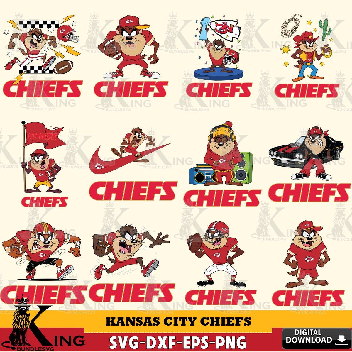 Kansas City Chiefs Taz (Looney Tunes) Football NFL Bundle Cut file  , Digital Download , Instant Download, Looney Tunes svg, Football svg
