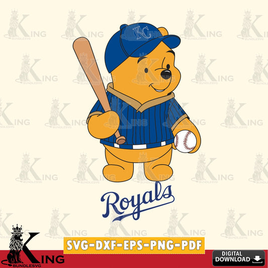 Modern graphic depicting Kansas City Royals baseball batter Winnie the Pooh, a high-quality vector for DIY scrapbooking and home