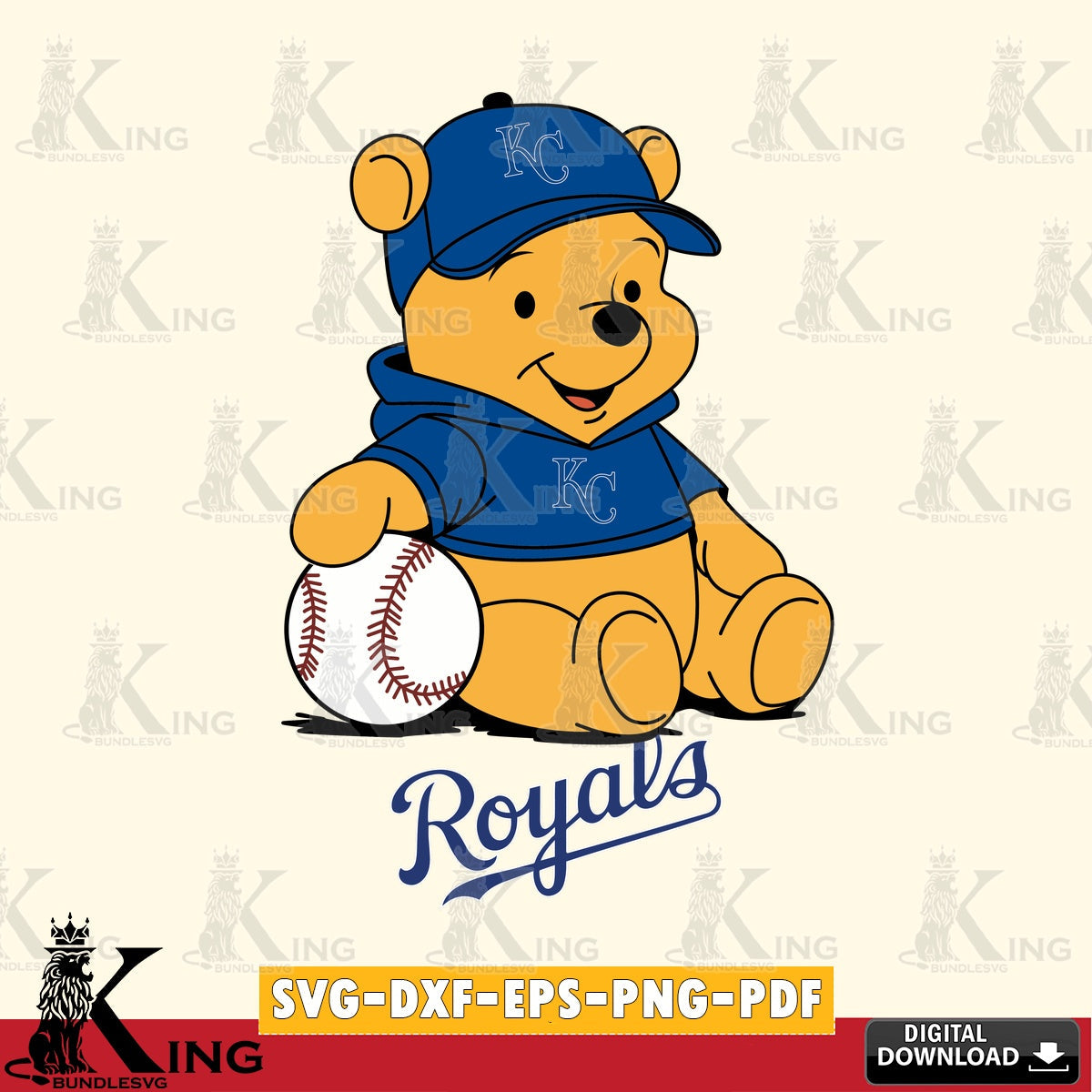 Vector design showing Kansas City Royals Baseball Star Teddy, a digital file for silhouette cameo and cricut projects.