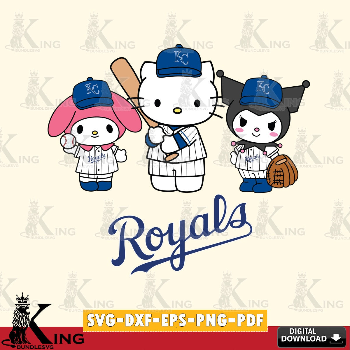 Modern graphic depicting Kansas City Royals cute kawaii friends, digital download for Cricut Maker and paper crafts