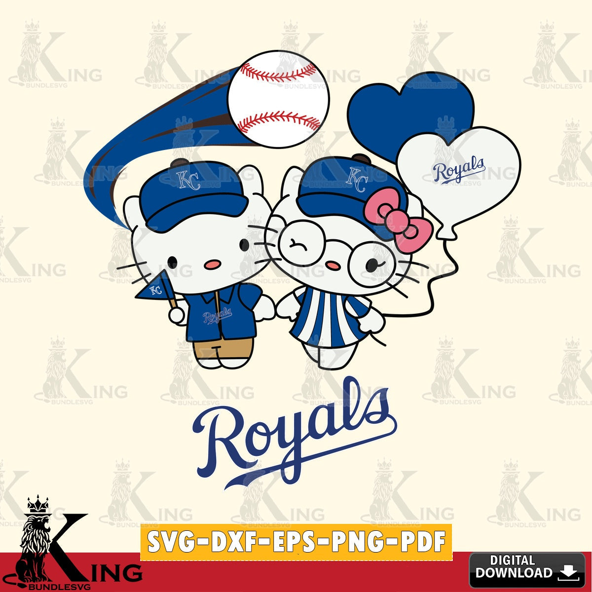 Huge collection of Kansas City Royals Hello Kitty baseball couple digital clipart compatible with laser engraving and cutting.