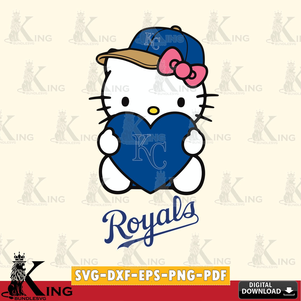 Massive pack of Kansas City Royals Hello Kitty baseball heart SVG PNG files perfect for Cricut and Silhouette cutting