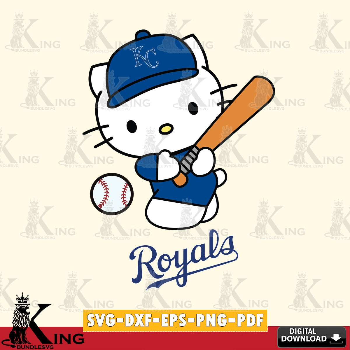 Comprehensive collection of Kansas City Royals Hello Kitty playing baseball digital clipart compatible with laser engraving and