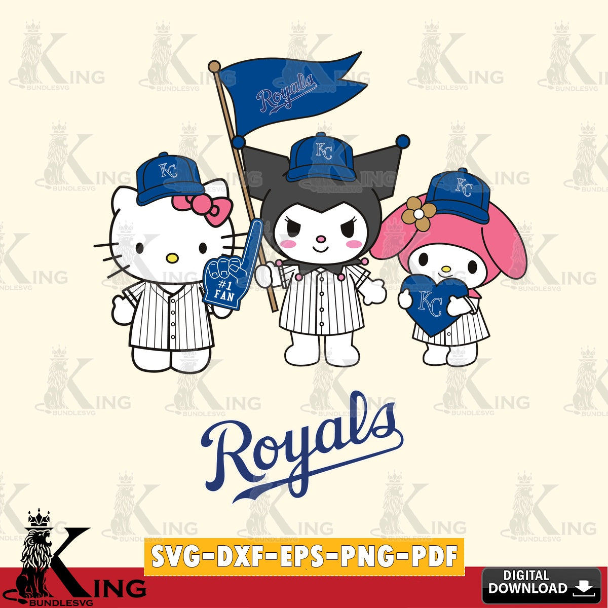 Detailed illustration of Kansas City Royals Kawaii friends Baseball, vector illustration for POD merchandise and apparel