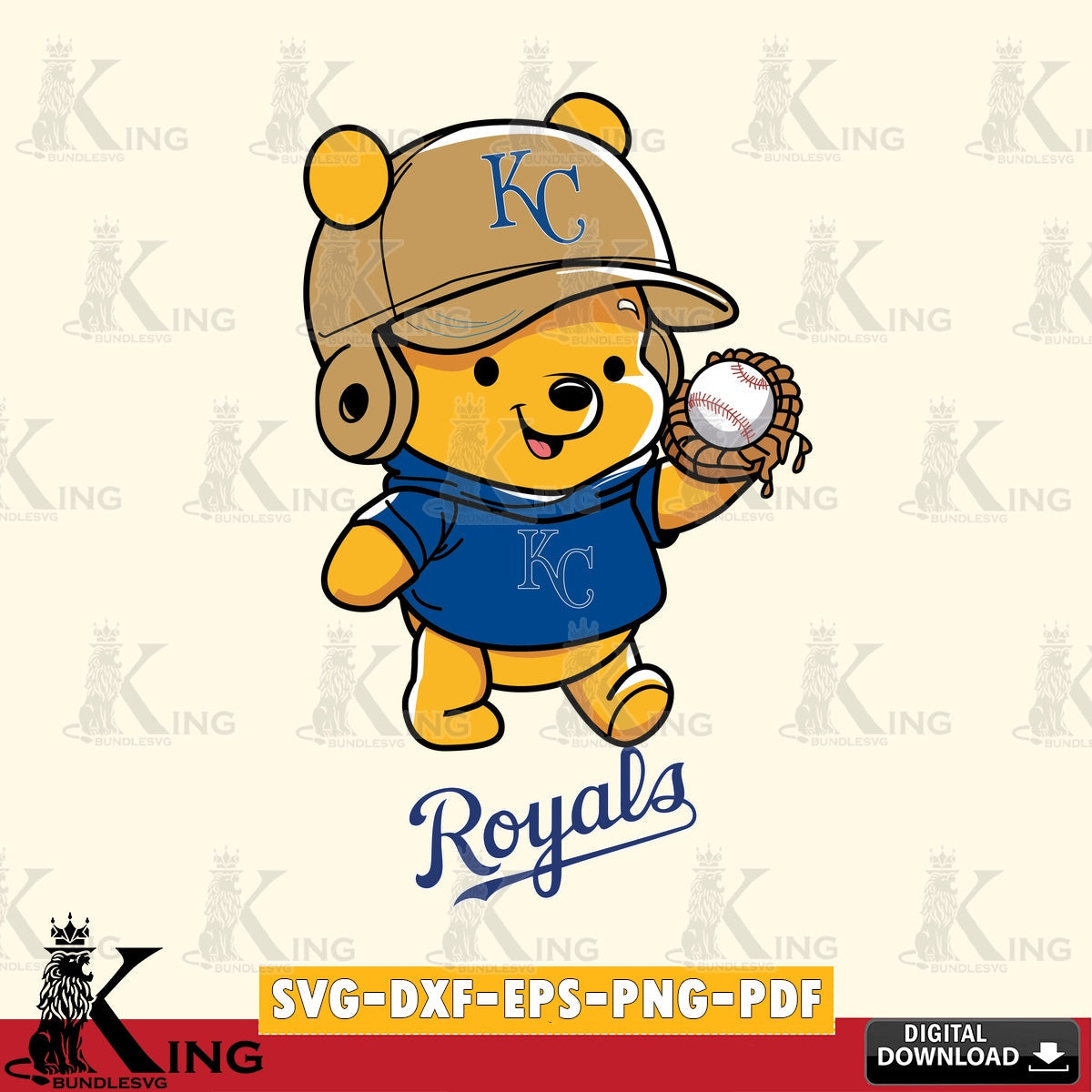Creative design featuring Kansas City Royals Pooh Bear baseball SVG cut file for personalized gifts and laser projects